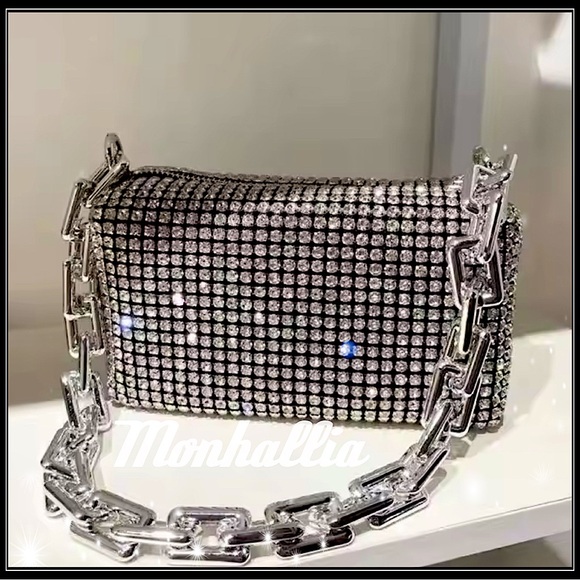 NEW SILVER & BLACK CRYSTAL NETTED MESH CHAIN LINK FORMAL BARREL BAG PURSE - Picture 1 of 7